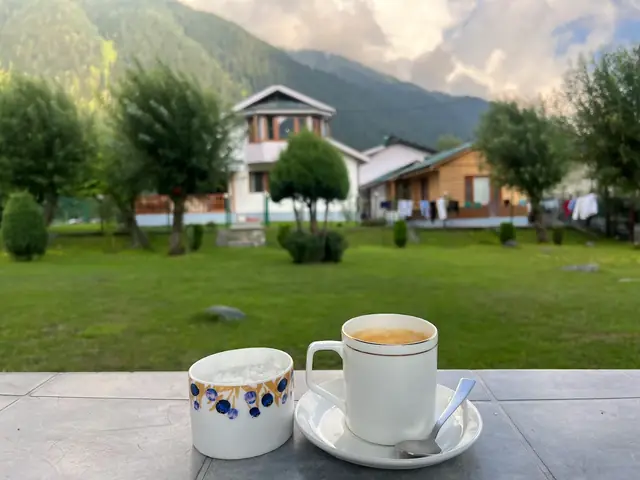 Morning tea served on the lawn at Tulip Cottage Pahalgam